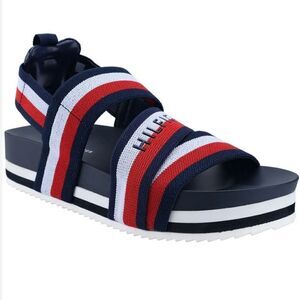 NWT w Box Tommy Hilfiger 8 Belia Navy Stretch Slingback Flatform Sandals Shoes